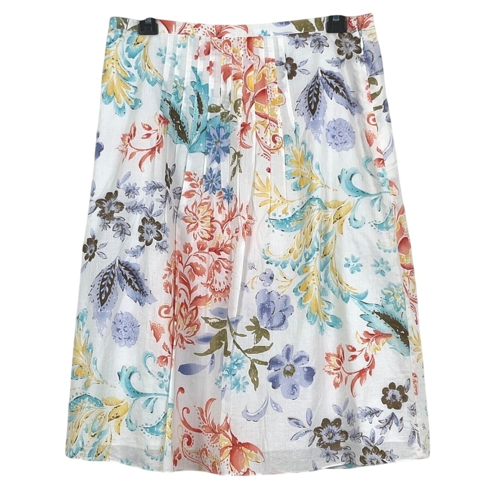 Vtg Talbots Midi Skirt 8 White Floral Pleated Cotton Lined Side Zip Cottagecore